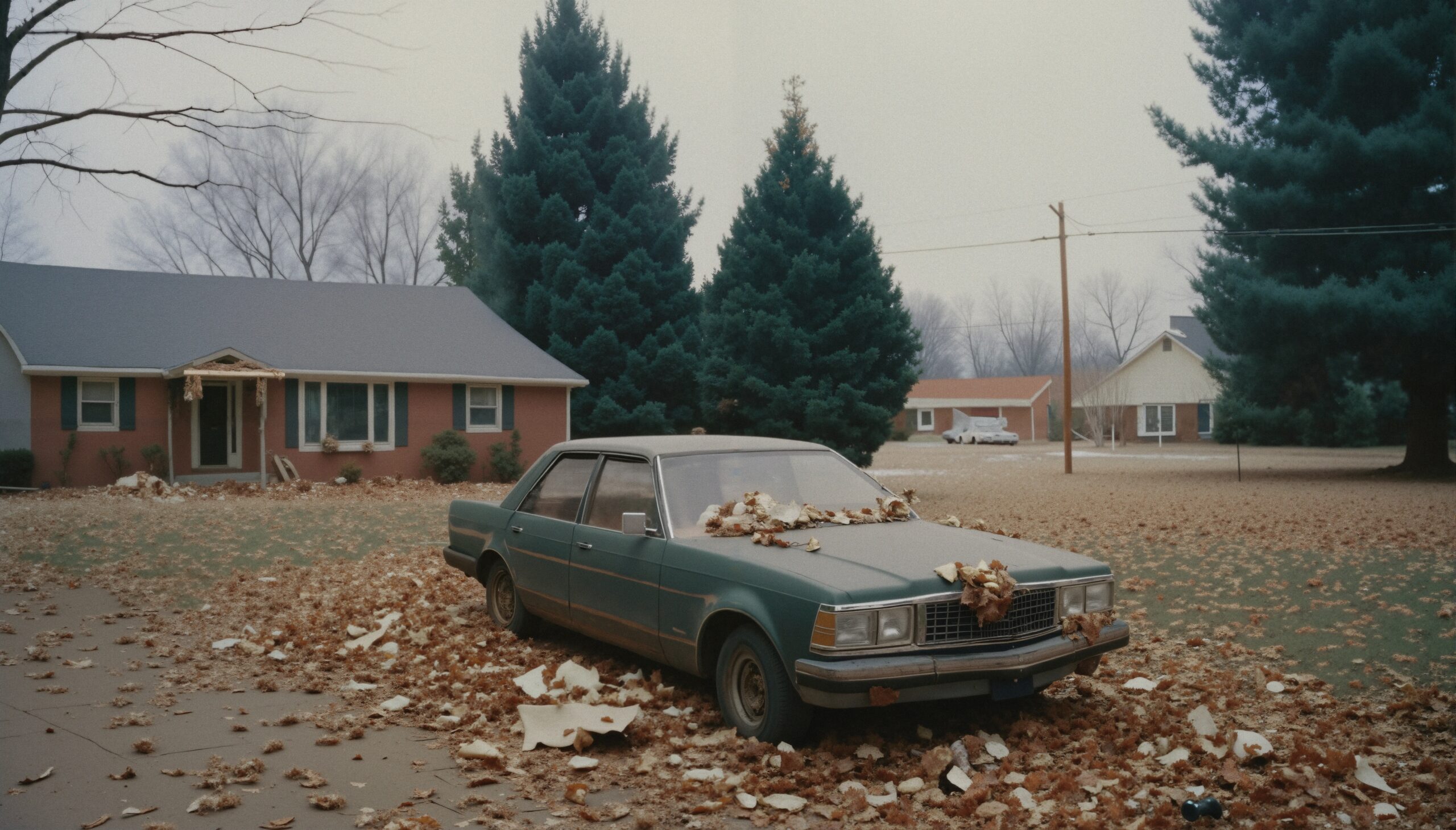 Abandoned car in suburban yard
