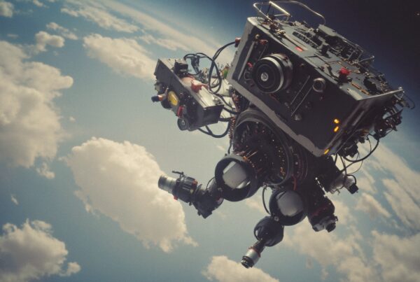 High-tech space camera floating above Earth.