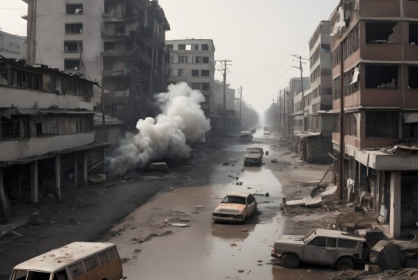 Abandoned city street with smoking debris.