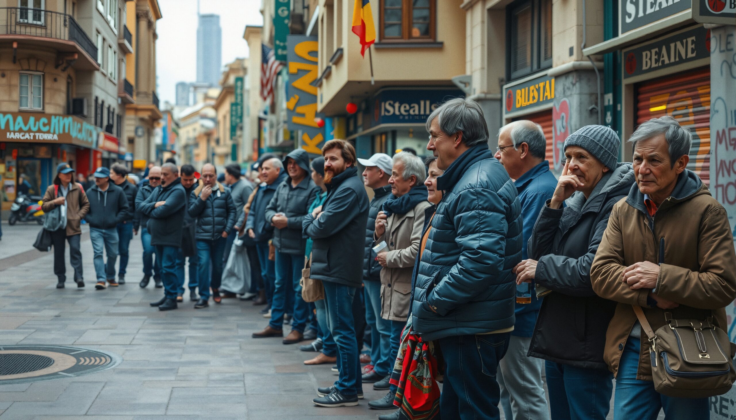 Crowd Observes on Urban Street