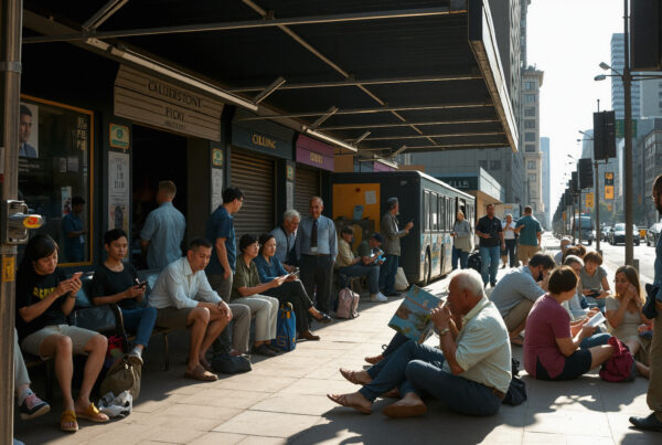 People waiting at bus stop on city street with storefronts, sunny day