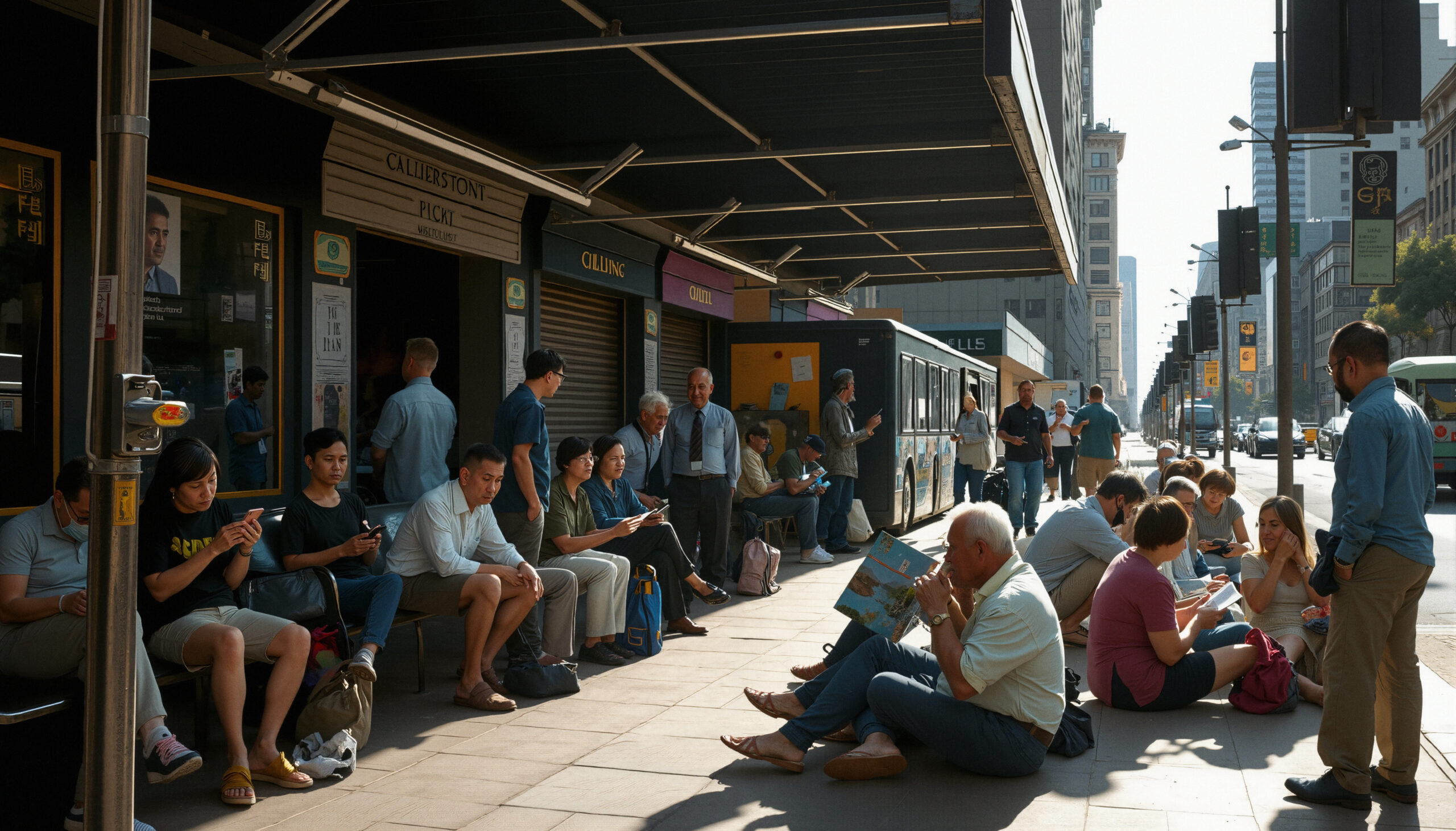 Urban Bus Stop Waiting Crowd