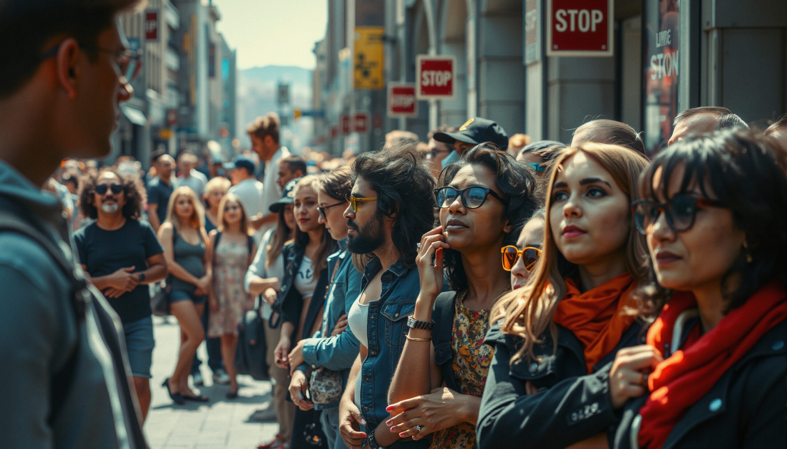 Vibrant city street crowd gathering