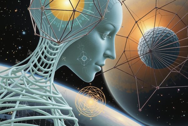 This image features a futuristic humanoid figure composed of intricate frameworks with glowing elements, set against an expansive space backdrop with planets and stars.