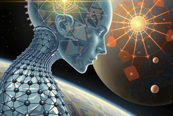 Futuristic cyborg in space with planets.