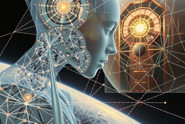 A futuristic depiction of AI integration with technology through a humanoid figure and digital network patterns against a planetary backdrop.