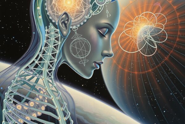 Futuristic humanoid with cosmic background, showcasing intricate internal circuitry and glowing geometric shapes.