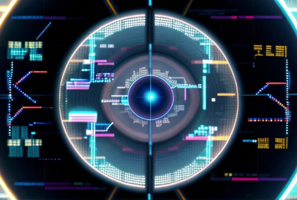 A futuristic digital interface with concentric circles and glowing patterns in vibrant neon colors.