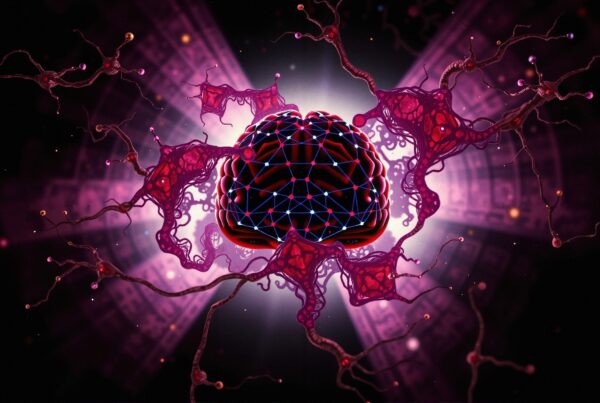 Artistic visualization of a brain with neural connections in purple and red tones.