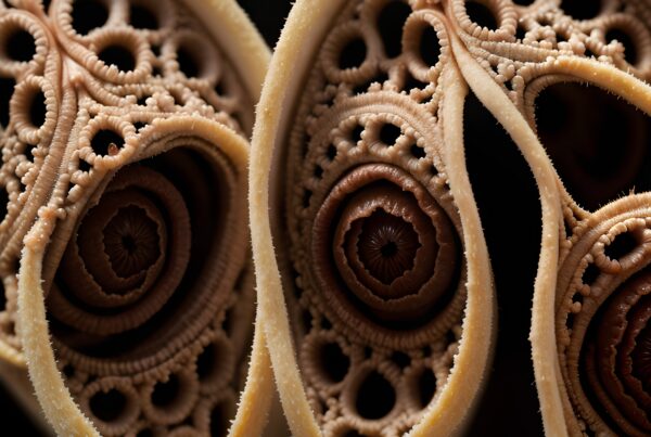 Close-up macro shot of intricately detailed spiral pasta with fine texture and unique concentric patterns.