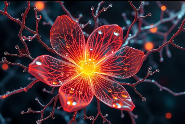 A glowing digital flower with radiant petals and intricate branches.