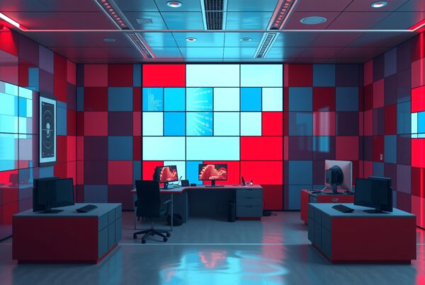 A futuristic control room with illuminated red and blue panels, multiple monitors, and advanced technological design.