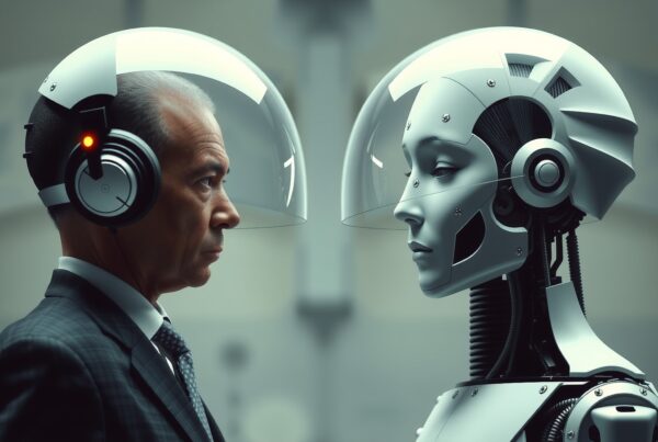 Futuristic meeting between human and robot with high-tech helmets.