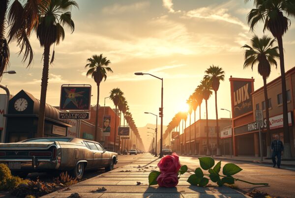 A vintage car on a palm-lined street with a rose on the sidewalk at sunset.