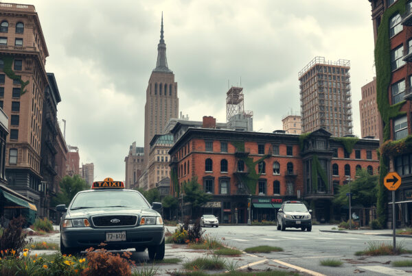 A taxi parked on a deserted street with overgrown vegetation and iconic skyscraper backdrop, depicting urban nature reclaiming space.