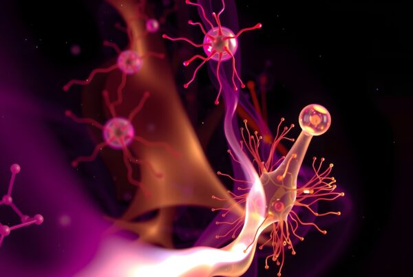 Abstract depiction of neural structures with glowing, colorful tendrils on a dark background, illustrating complexity and connectivity.