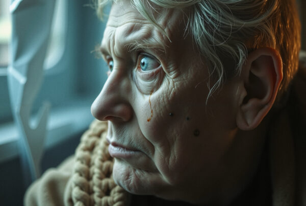Elderly person with tear on cheek, blue eyes, brown knit fabric, window background