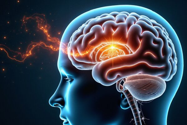 Illustration of human brain with active neural pathways highlighted in vibrant colors.