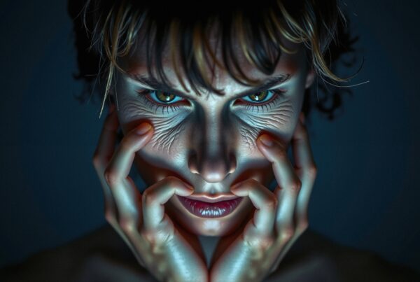 A person with an intense stare illuminated dramatically by below, emphasizing shadows and an eerie atmosphere.