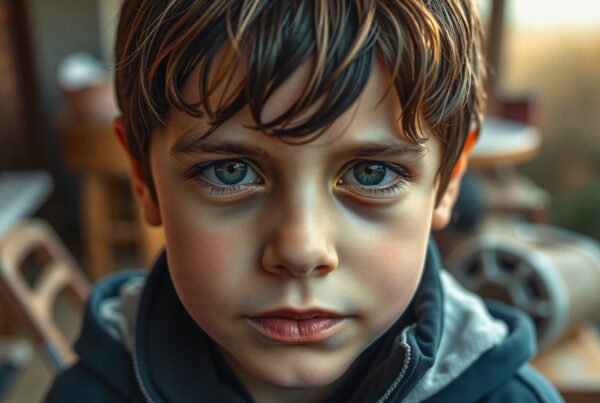 Portrait of a young boy with intense, expressive eyes.