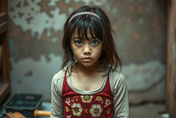 Portrait of a young girl standing in a moody room with a thoughtful expression and floral dress.
