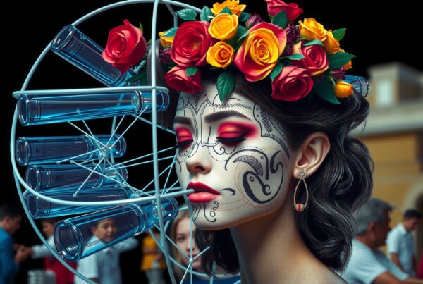 A woman with intricate Day of the Dead makeup wears a floral crown; blue test tubes are in the background.