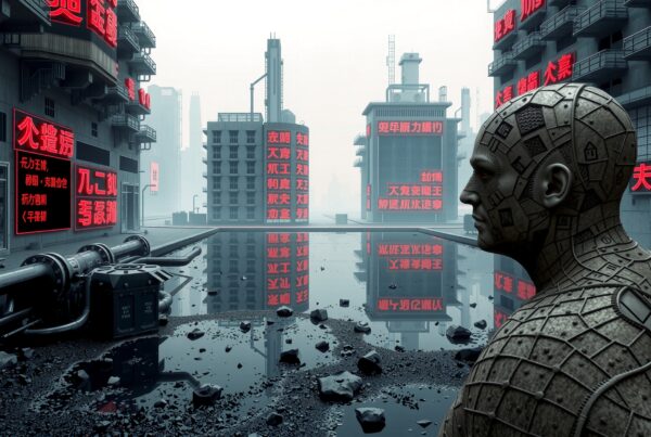 Cyberpunk city with neon signs and robotic figure.