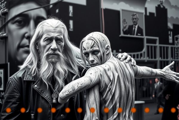 lderly protector standing beside mutated companion in dystopian noir cityscape with glowing orange dots