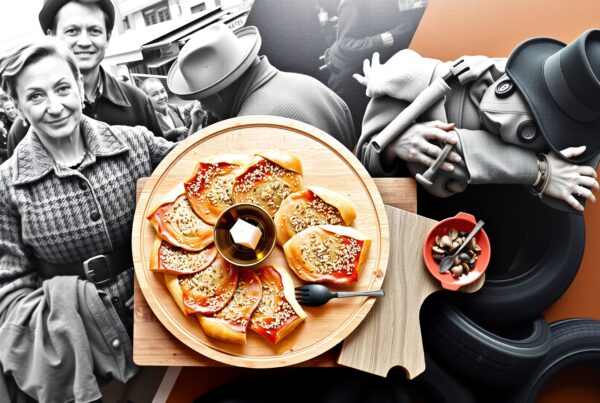 An artistic scene combining pastel pastries, a surreal mannequin, and a vintage crowd, presenting a captivating contrast between culinary art and historical fashion.
