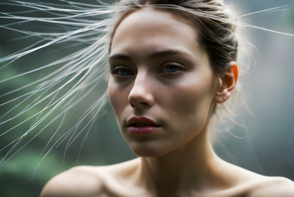 A serene close-up portrait of a woman with fine hair strands and a softly blurred background.