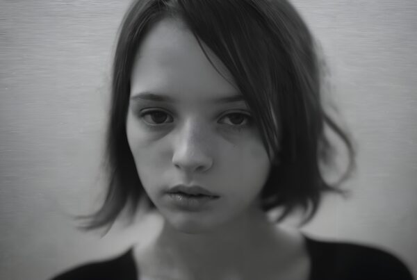 Black and white portrait of a young person with a thoughtful expression.