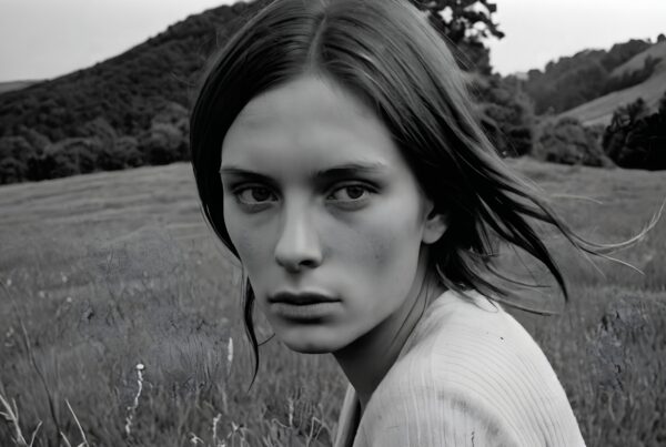 Portrait of a person with intense gaze in a serene black-and-white landscape.