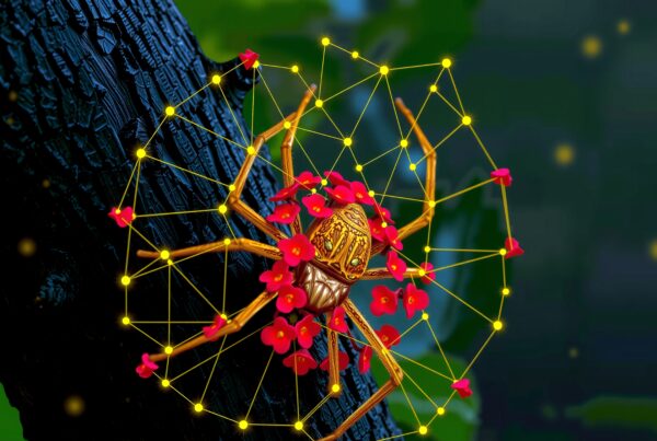 Magical golden spider surrounded by glowing constellation-like webs and blooming red flowers amidst mystical forest scenery