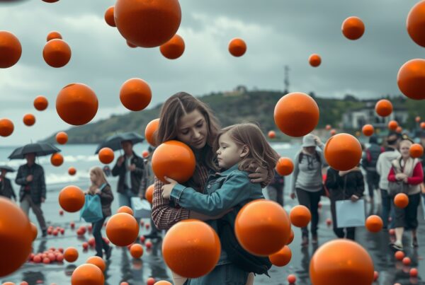 A mother and daughter on a beach surrounded by floating orange spheres, creating a whimsical and surreal atmosphere.