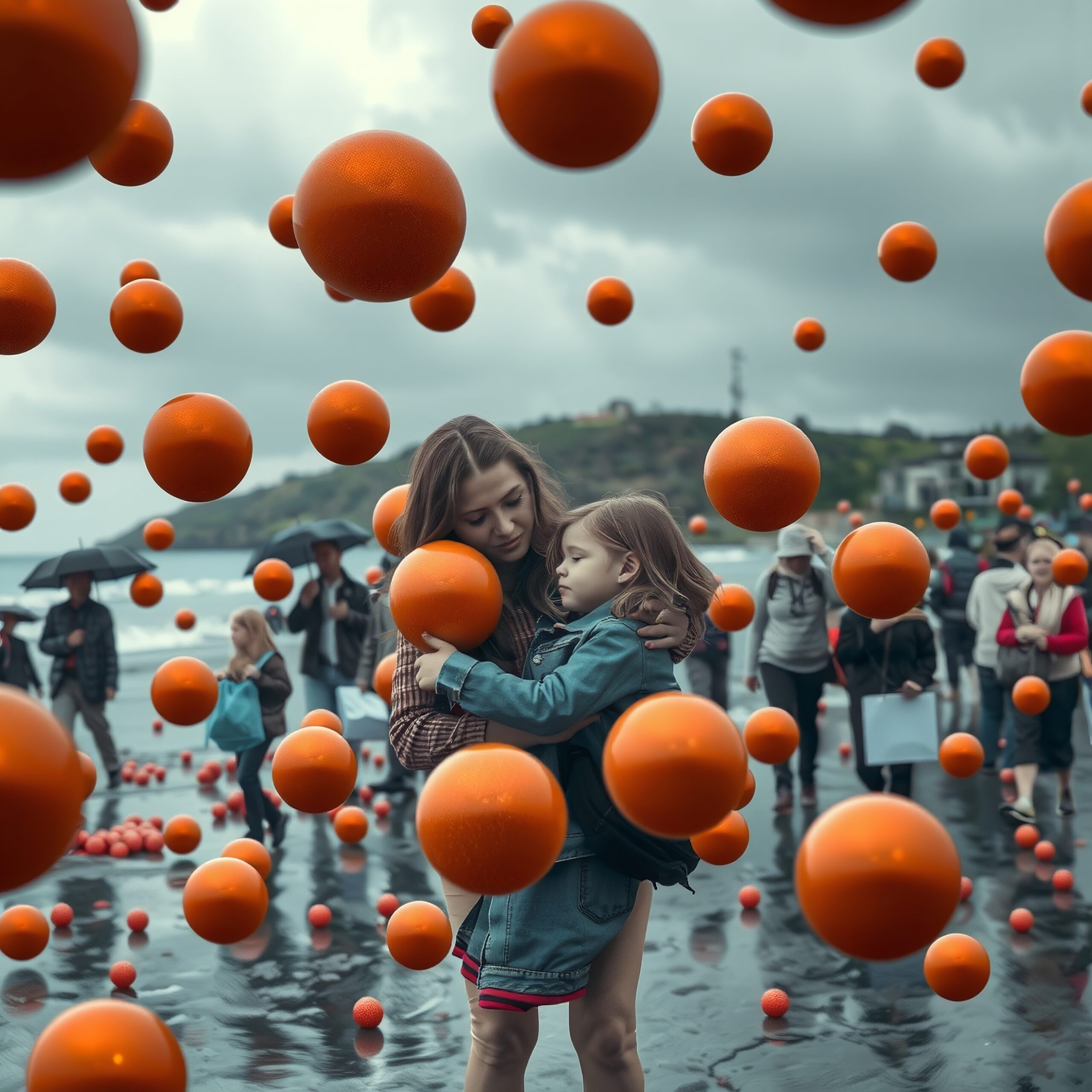 Floating Orange Spheres on Beach