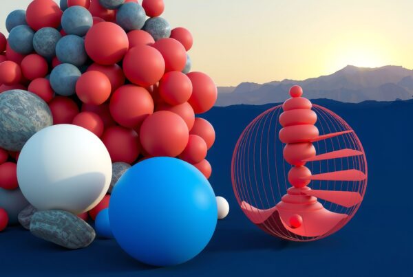 Abstract art with colorful spheres and spiral design against a sunrise background.