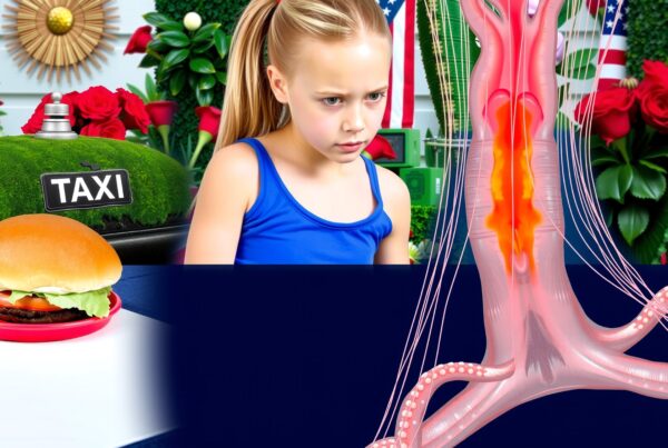 A girl in a garden-like setting with roses and an anatomical illustration.