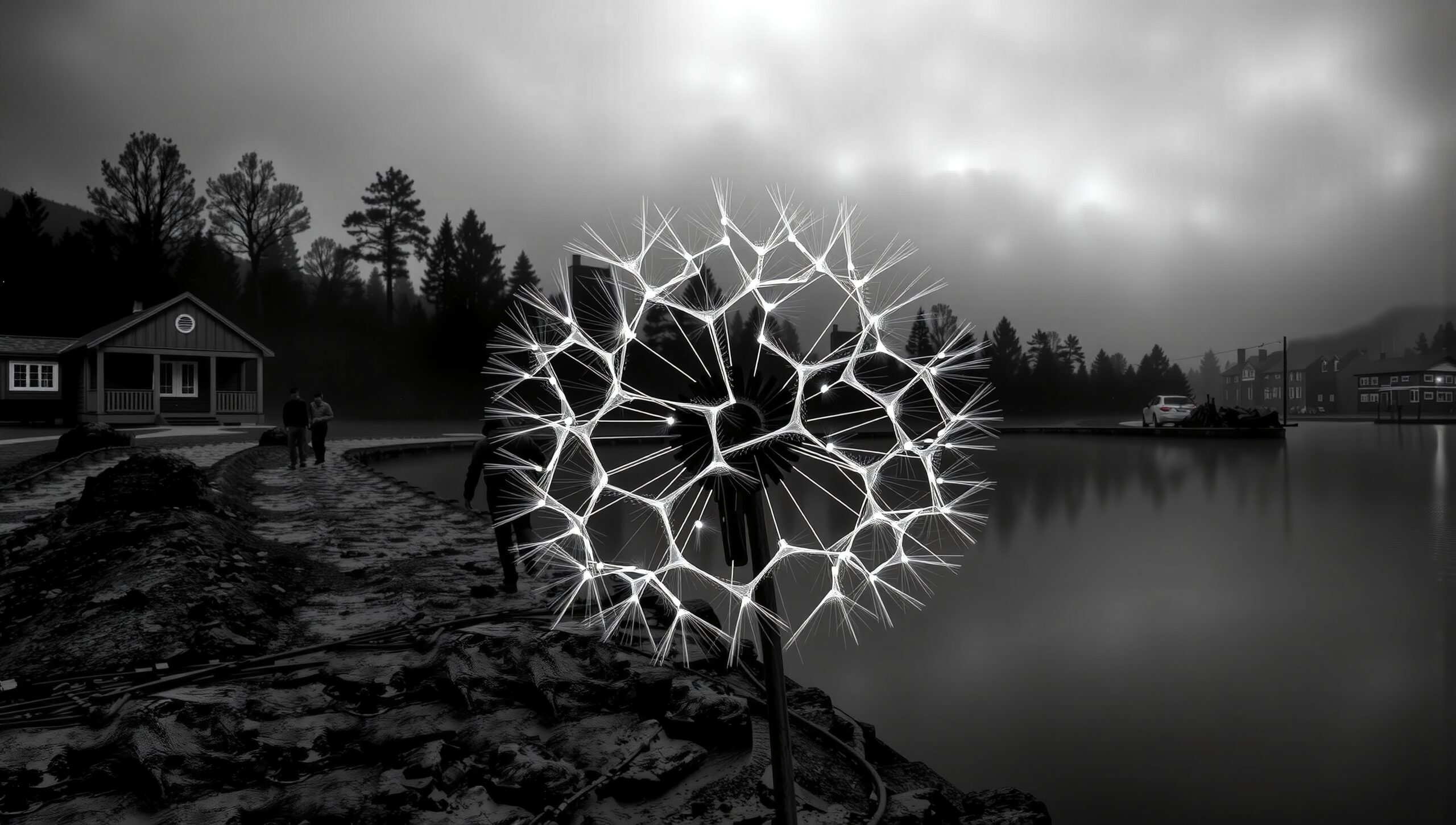 Illuminated Dandelion by Misty Lake