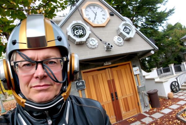 Man in futuristic helmet outside a house with a large clock and dials.