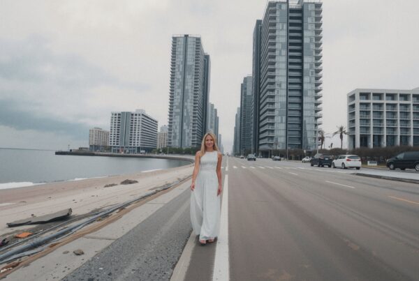 Woman in white dress walking on deserted urban street with modern high-rises.