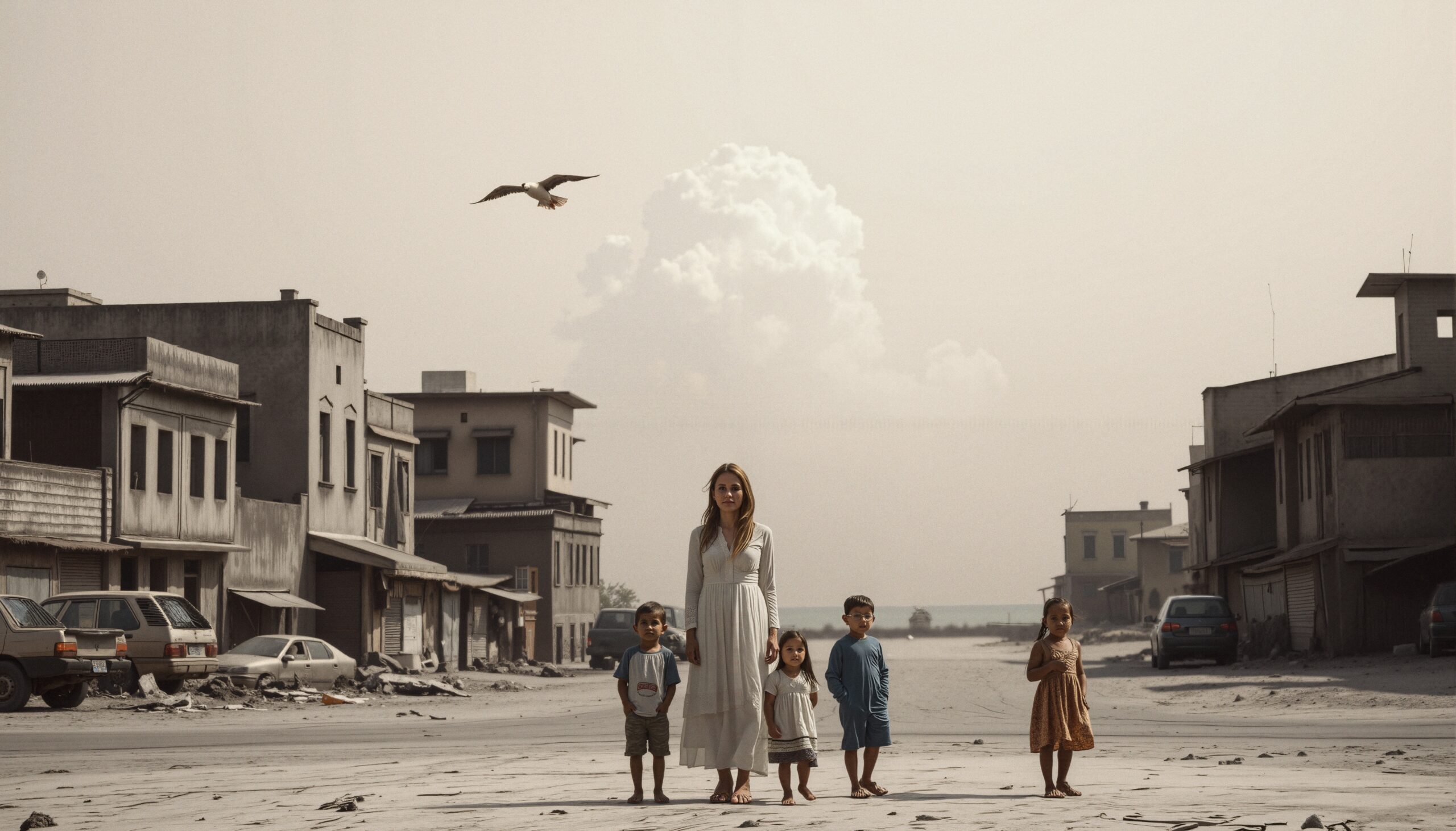 Mother With Children Amid Ruins