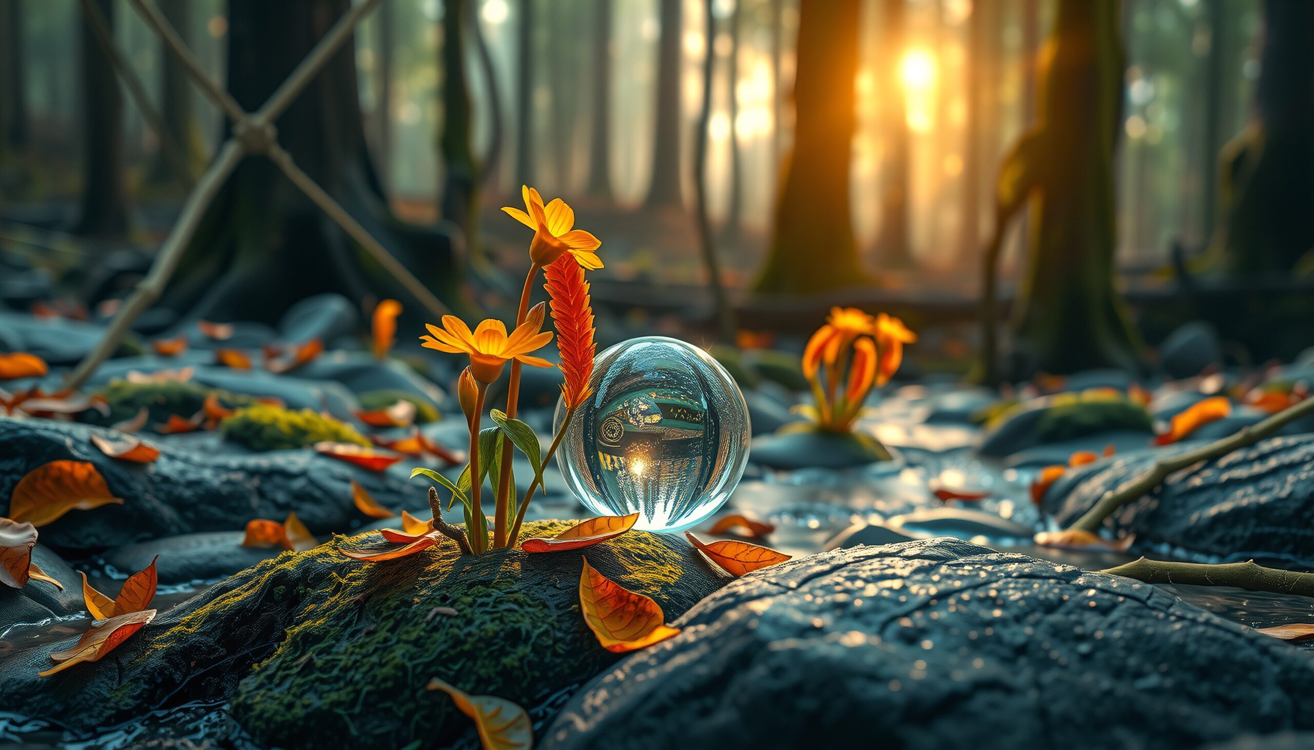 Enchanted Forest Crystal Sphere with Flowers