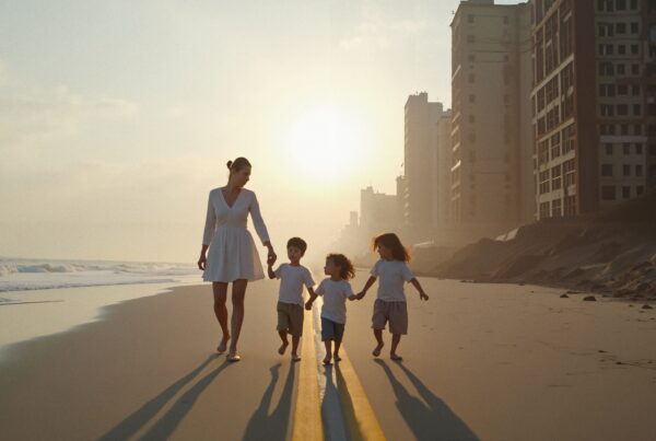 A mother and children walking on a road at sunrise.