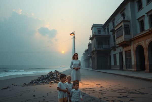 A woman and children stand on a deserted coastal street with a sunset backdrop.