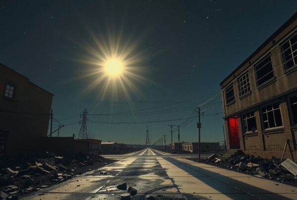 A deserted urban street under a bright moon with debris and eerie atmosphere.