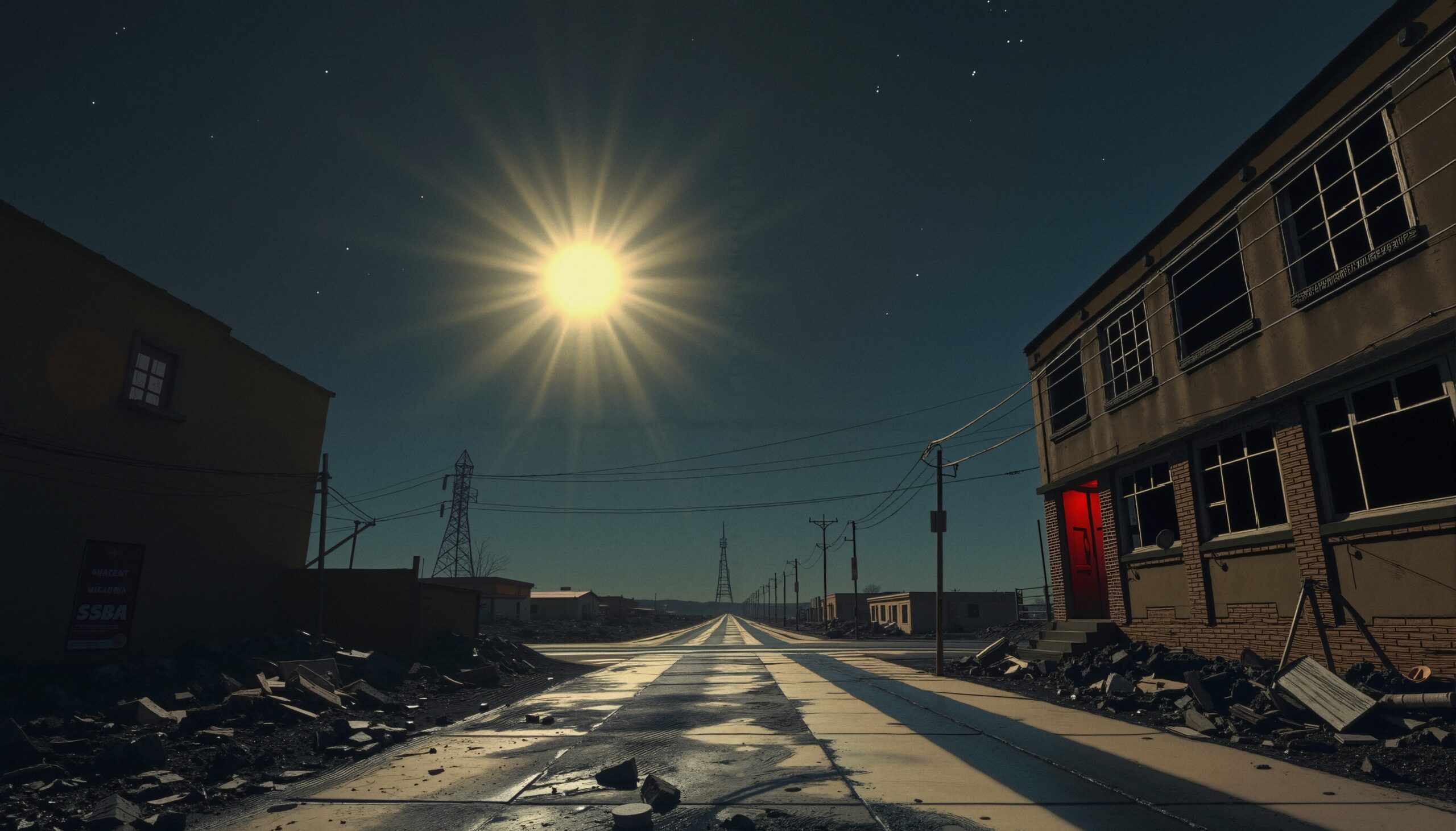 Eerie Urban Landscape Under Moonlight