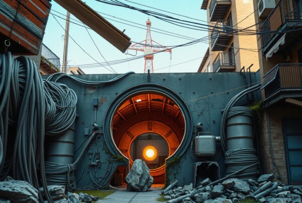 An industrial scene with a brightly lit tunnel, surrounded by cables and a transmission tower.