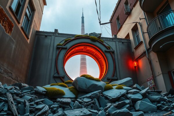 A glowing portal amidst urban rubble.