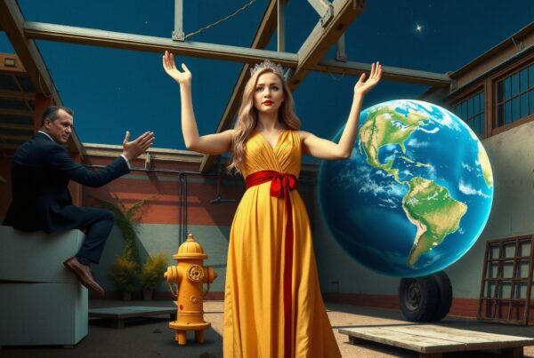 Woman in royal attire holding up hands beside giant floating Earth globe amid industrial rooftop setting
