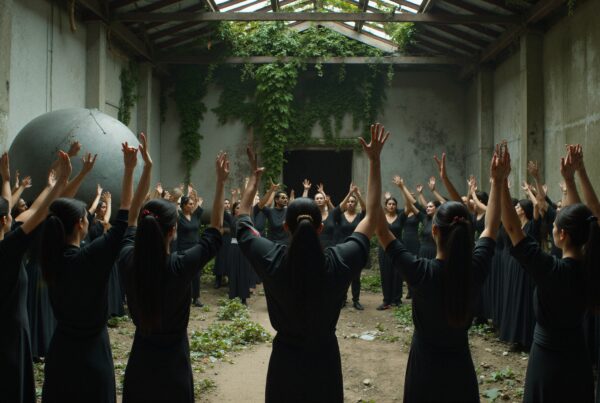 A group raises arms in a circle under a glass, plant-lined roof.